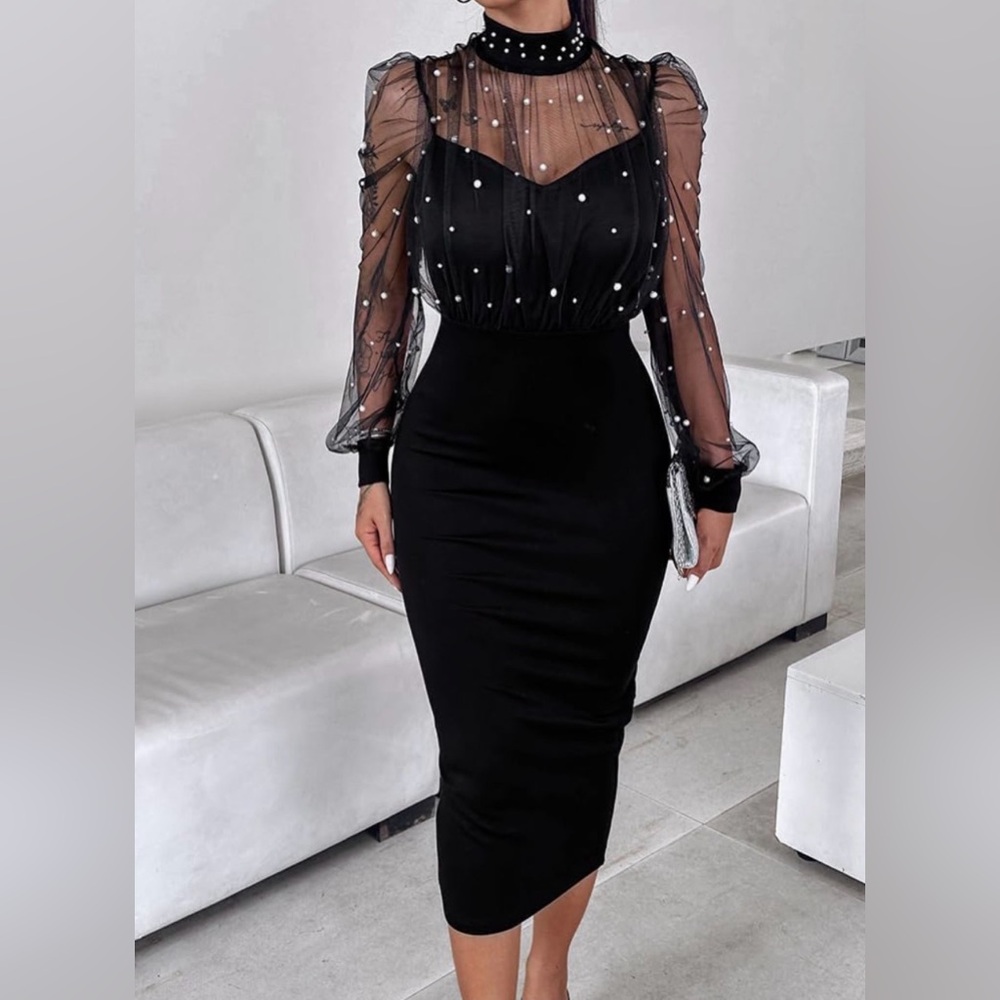 Elegant Black Dress with Sheer Sleeves
